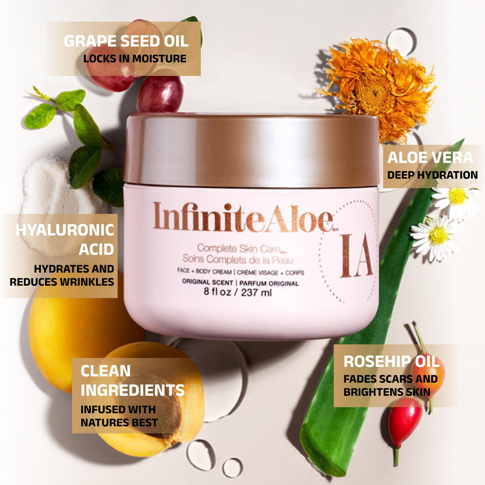 InfiniteAloe cream texture swatch shows fast-absorb formula for face and body