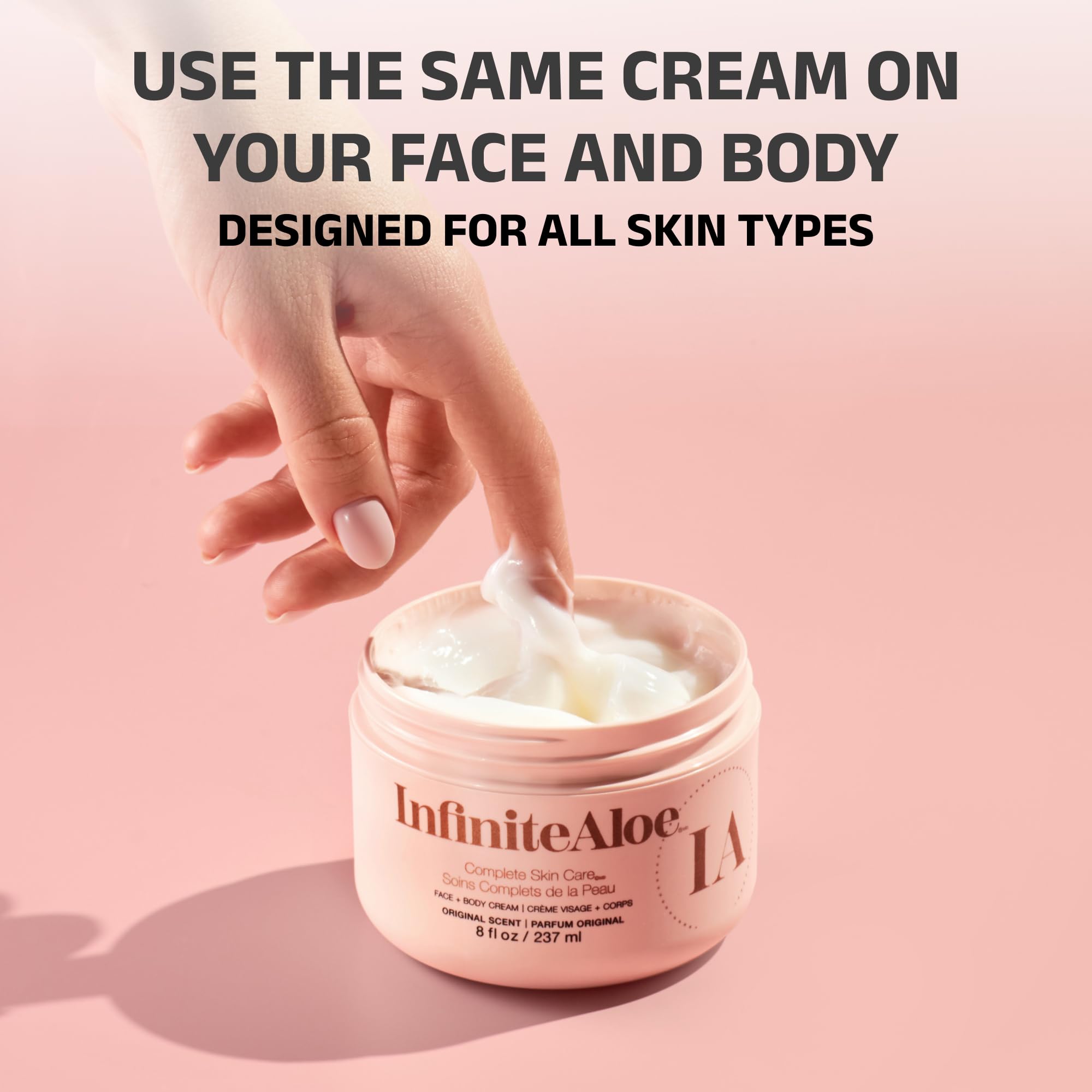 InfiniteAloe face, hand, elbow application demonstrates all-in-one use for dry skin