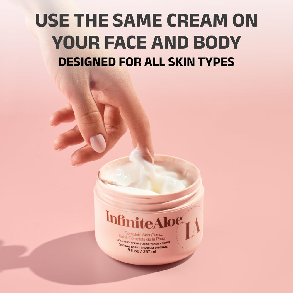 InfiniteAloe face, hand, elbow application demonstrates all-in-one use for dry skin