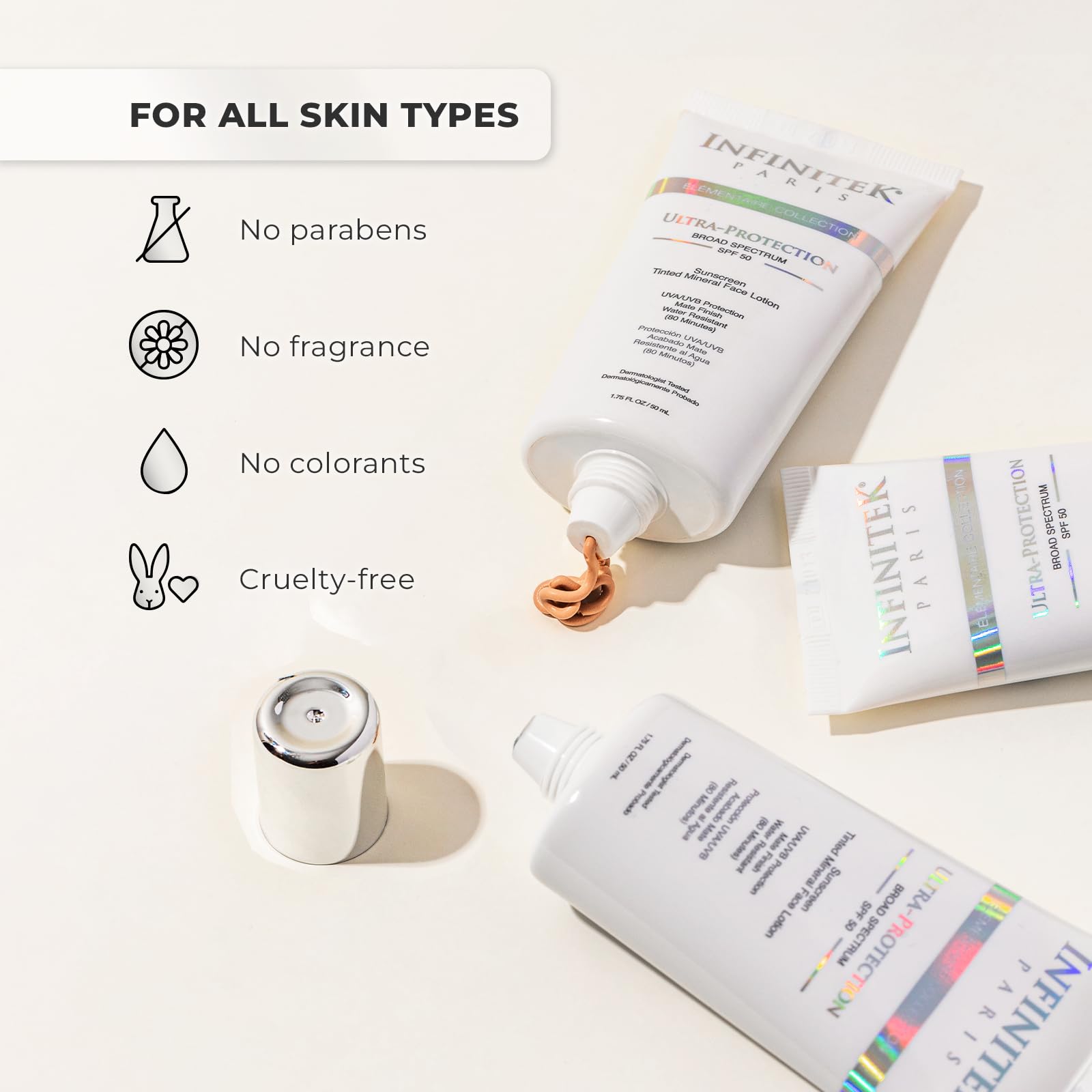 Infinitek Paris zinc oxide and titanium dioxide shield UV rays with mineral protection.
