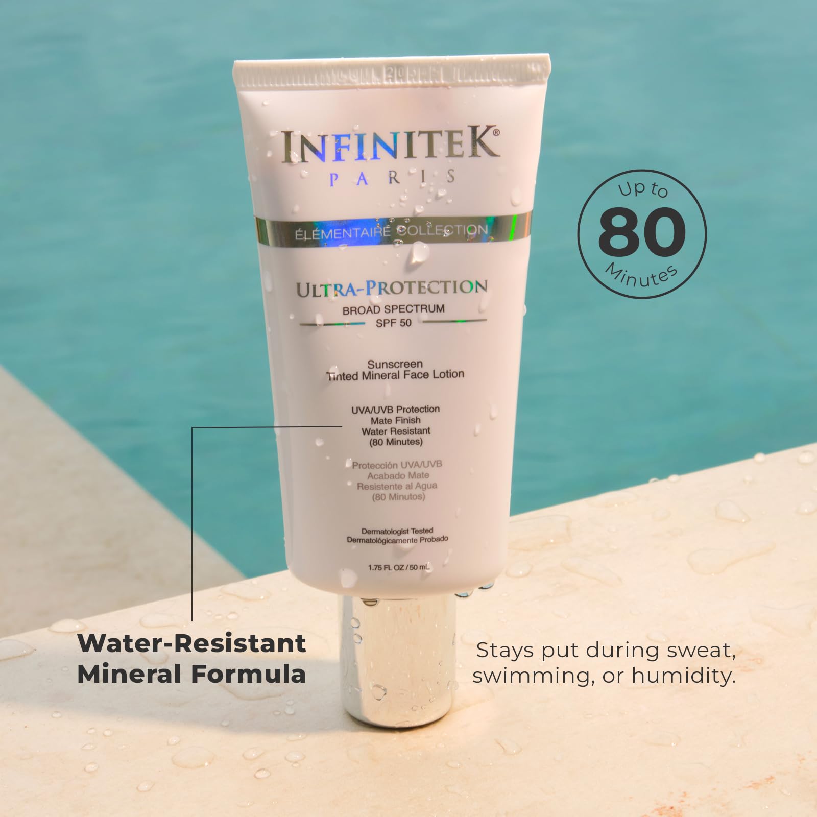 Infinitek Paris SPF 50 tinted formula blends evenly with multiple skin tones.