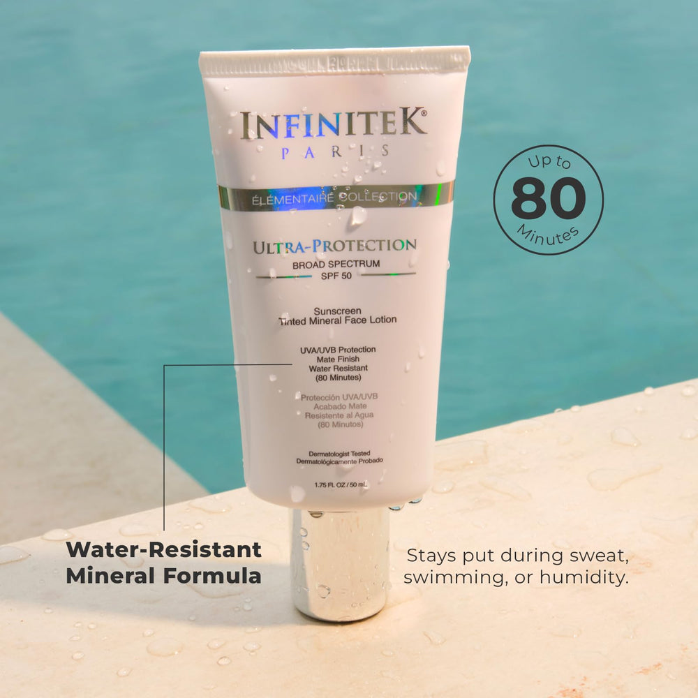 Infinitek Paris SPF 50 tinted formula blends evenly with multiple skin tones.