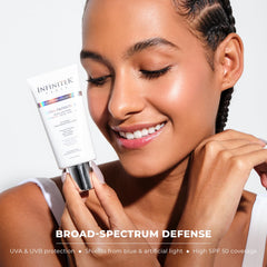 Infinitek Paris tinted sunscreen being applied for a natural, seamless complexion.