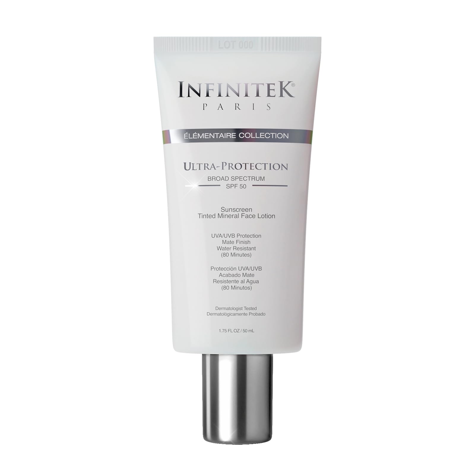 Infinitek Paris tinted sunscreen bottle provides matte mineral protection for daily wear.