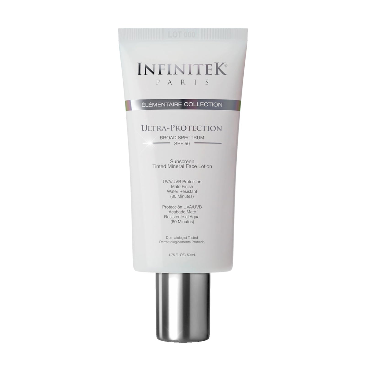 Infinitek Paris tinted sunscreen bottle provides matte mineral protection for daily wear.