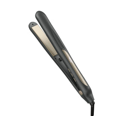 Infiniti PRO Conair flat iron plate closeup highlighting tourmaline ceramic coating for frizz control.