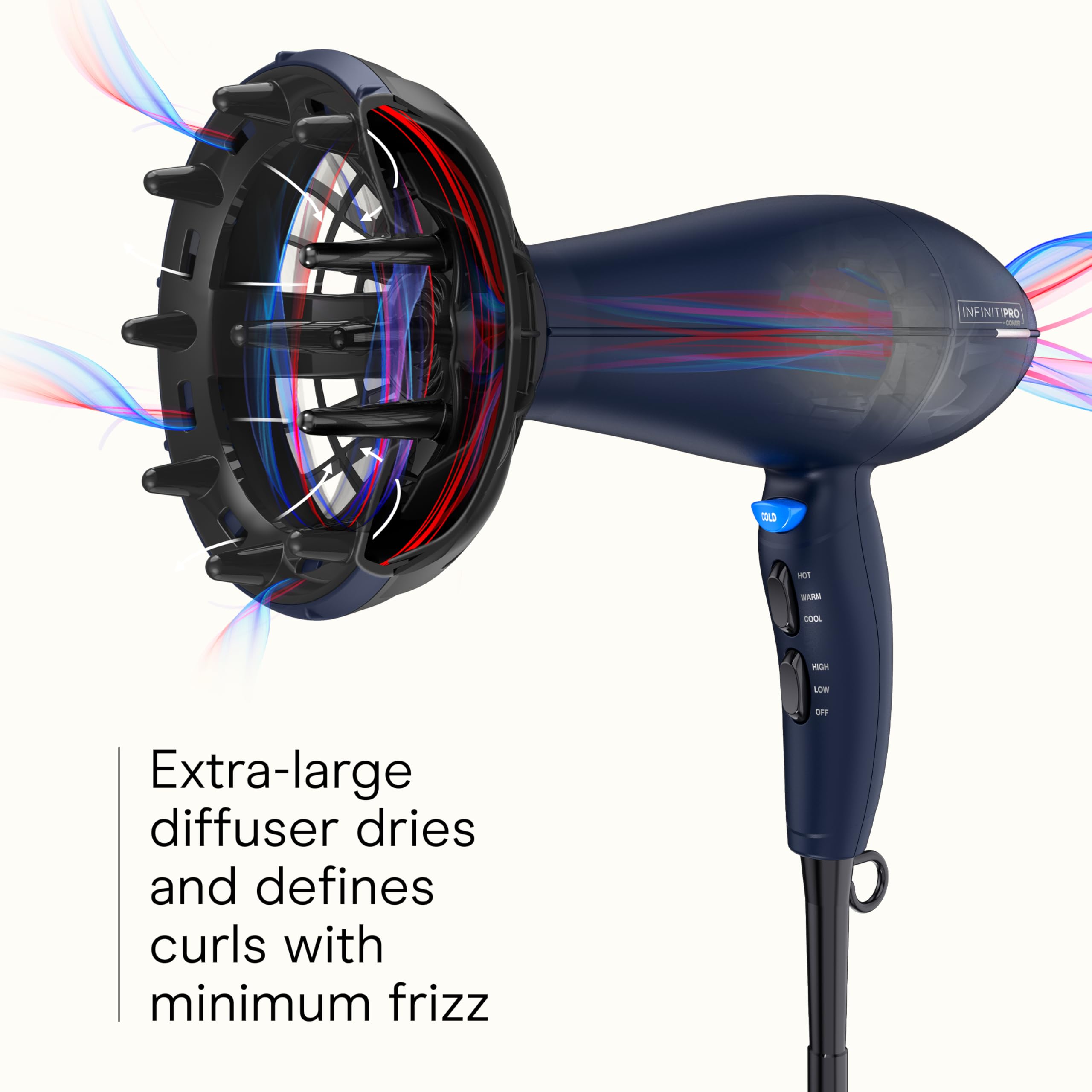 InfinitiPRO dryer ceramic infrared heat closeup emphasizes fast, gentle drying with reduced damage risk.