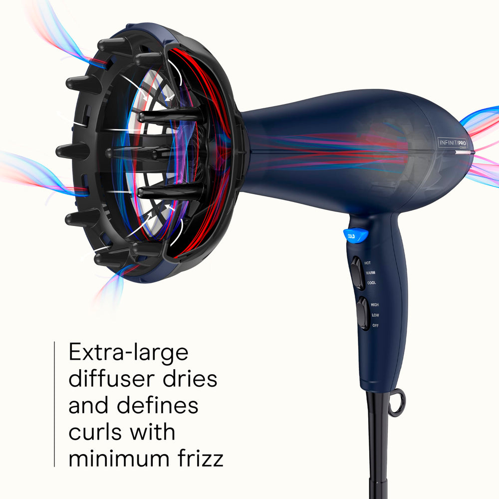 InfinitiPRO dryer ceramic infrared heat closeup emphasizes fast, gentle drying with reduced damage risk.