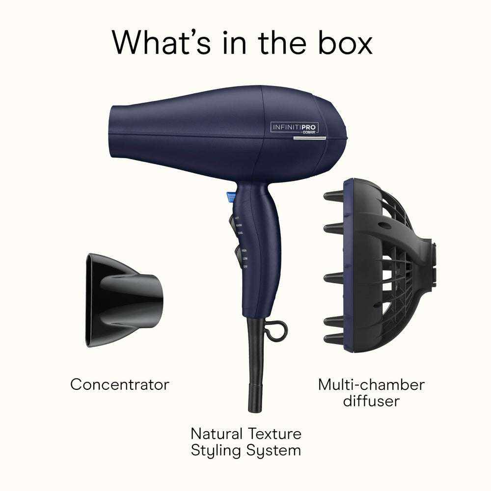 Conair InfinitiPRO dark blue design photo highlights durable build and professional performance at home.