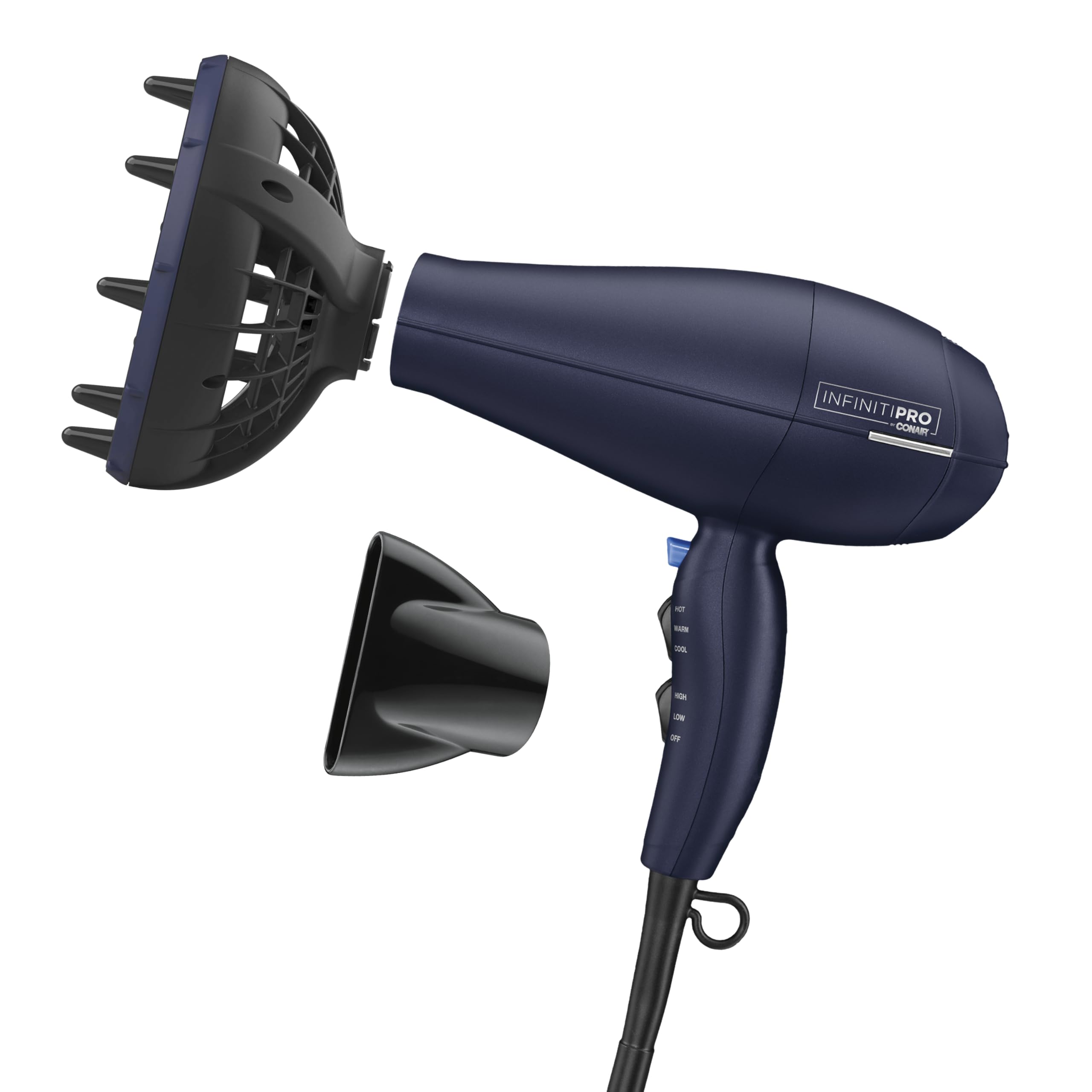 Conair InfinitiPRO hair dryer with innovative diffuser closeup showing frizz reduction and enhanced curls.