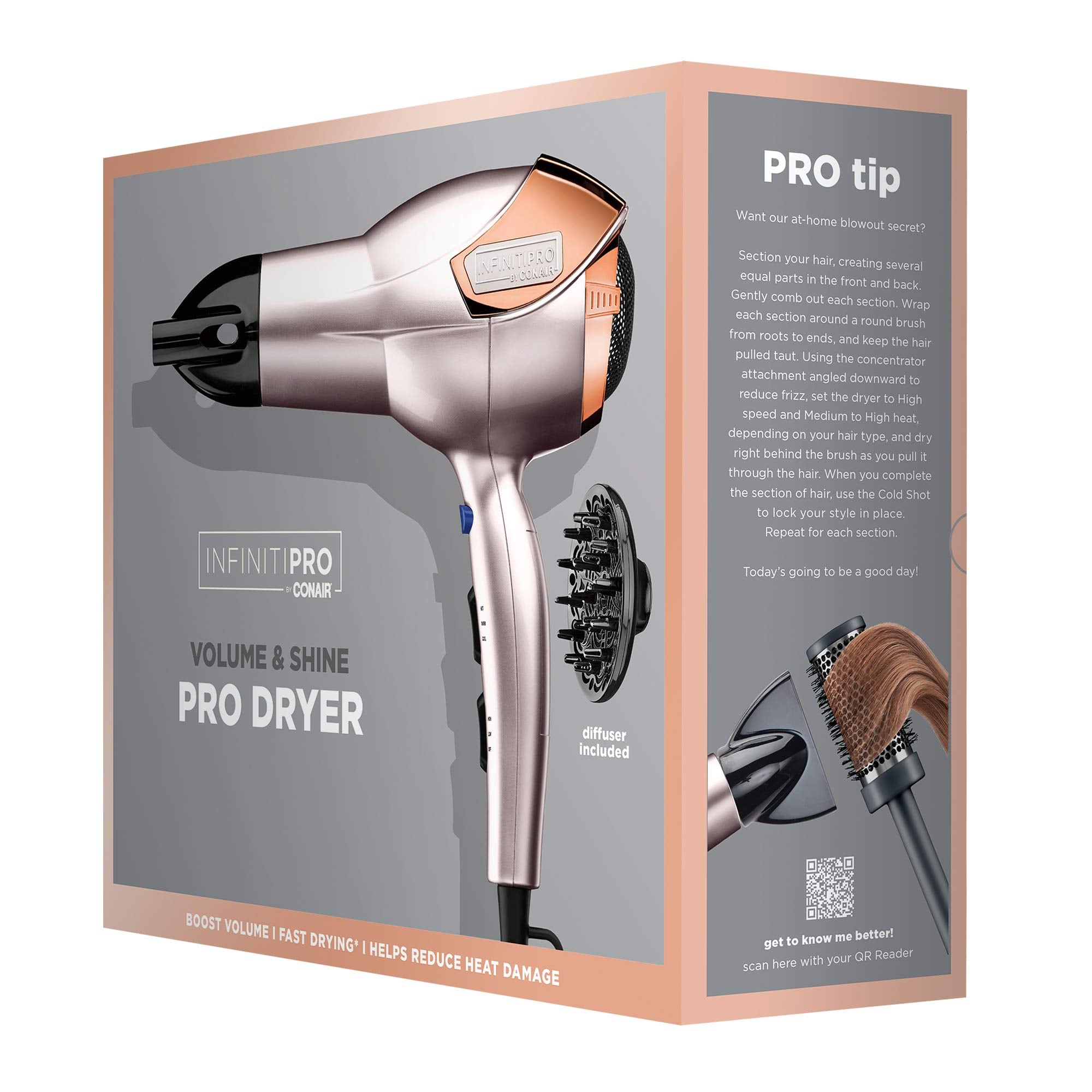Rose gold InfinitiPRO packaging emphasizing durable motor and quality