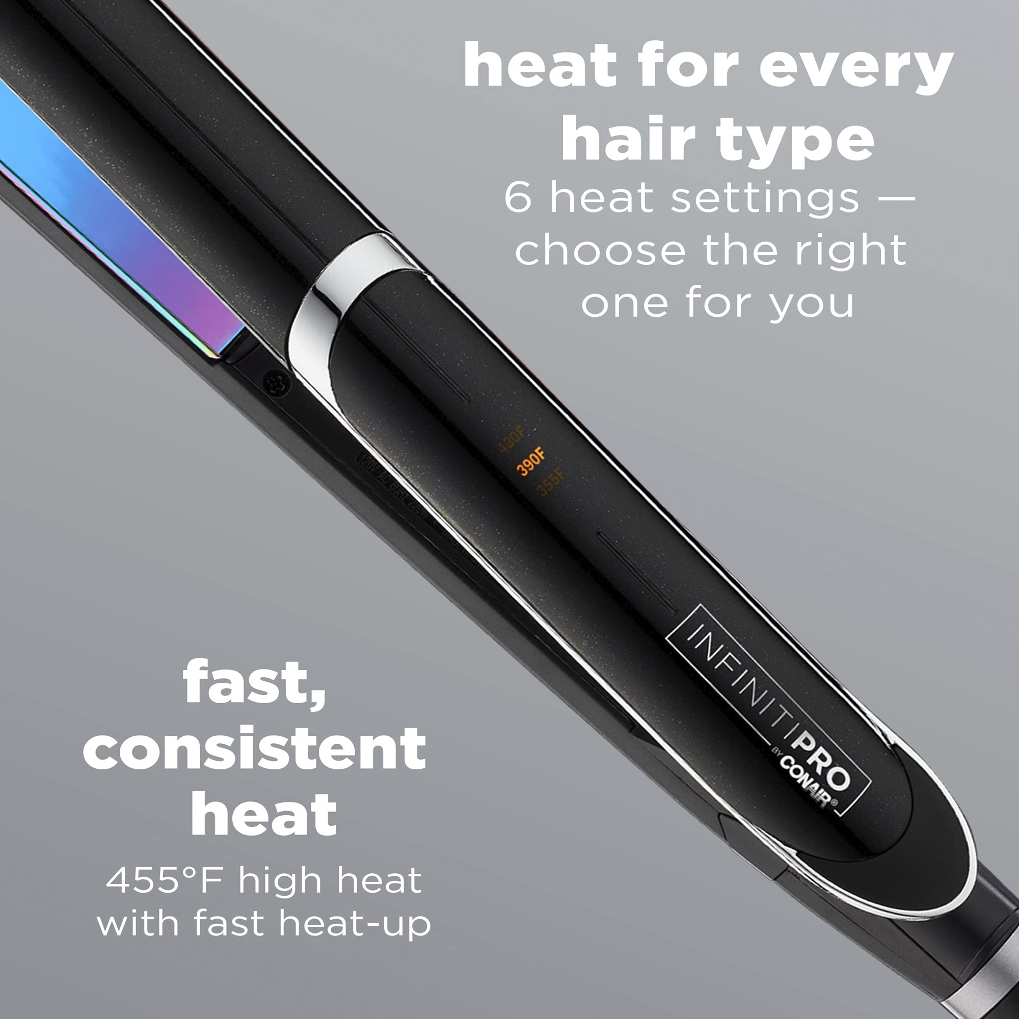 INFINITIPRO Rainbow Titanium Flat Iron heat settings shown for precise control across hair types