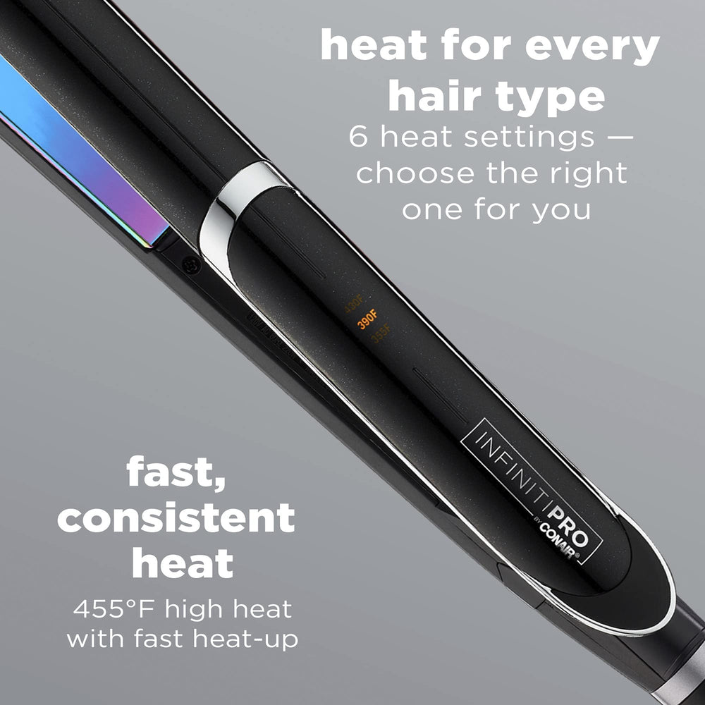 INFINITIPRO Rainbow Titanium Flat Iron heat settings shown for precise control across hair types