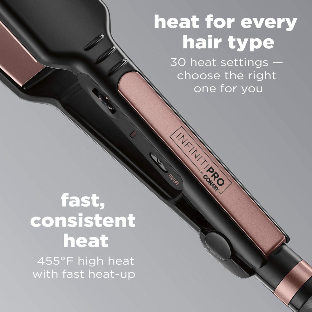 INFINITIPRO by CONAIR Rose Gold Ceramic Flat Iron plates closeup highlights even heat distribution