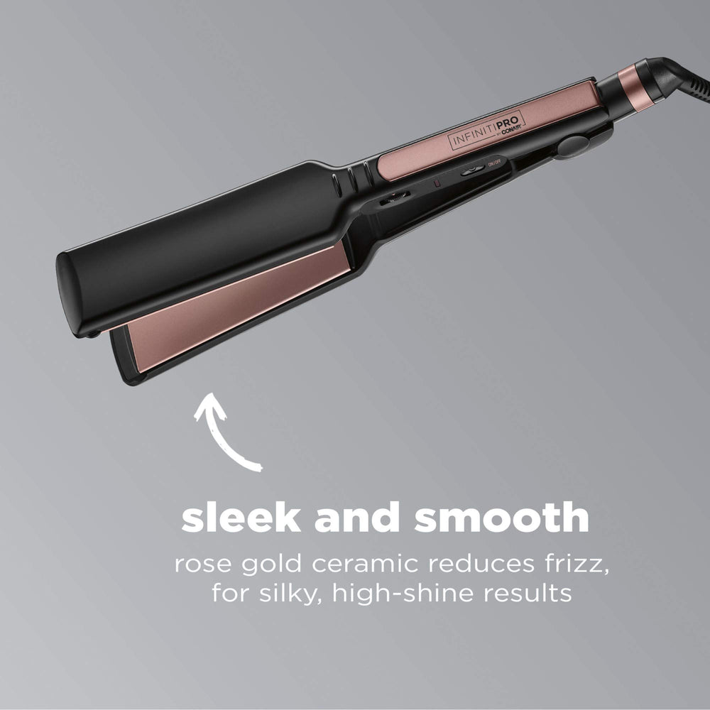 INFINITIPRO by CONAIR Rose Gold Ceramic Flat Iron side view illustrates long plates for fast styling