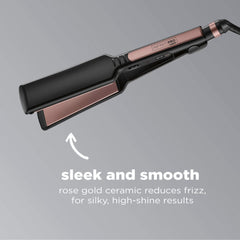 INFINITIPRO by CONAIR Rose Gold Ceramic Flat Iron side view illustrates long plates for fast styling