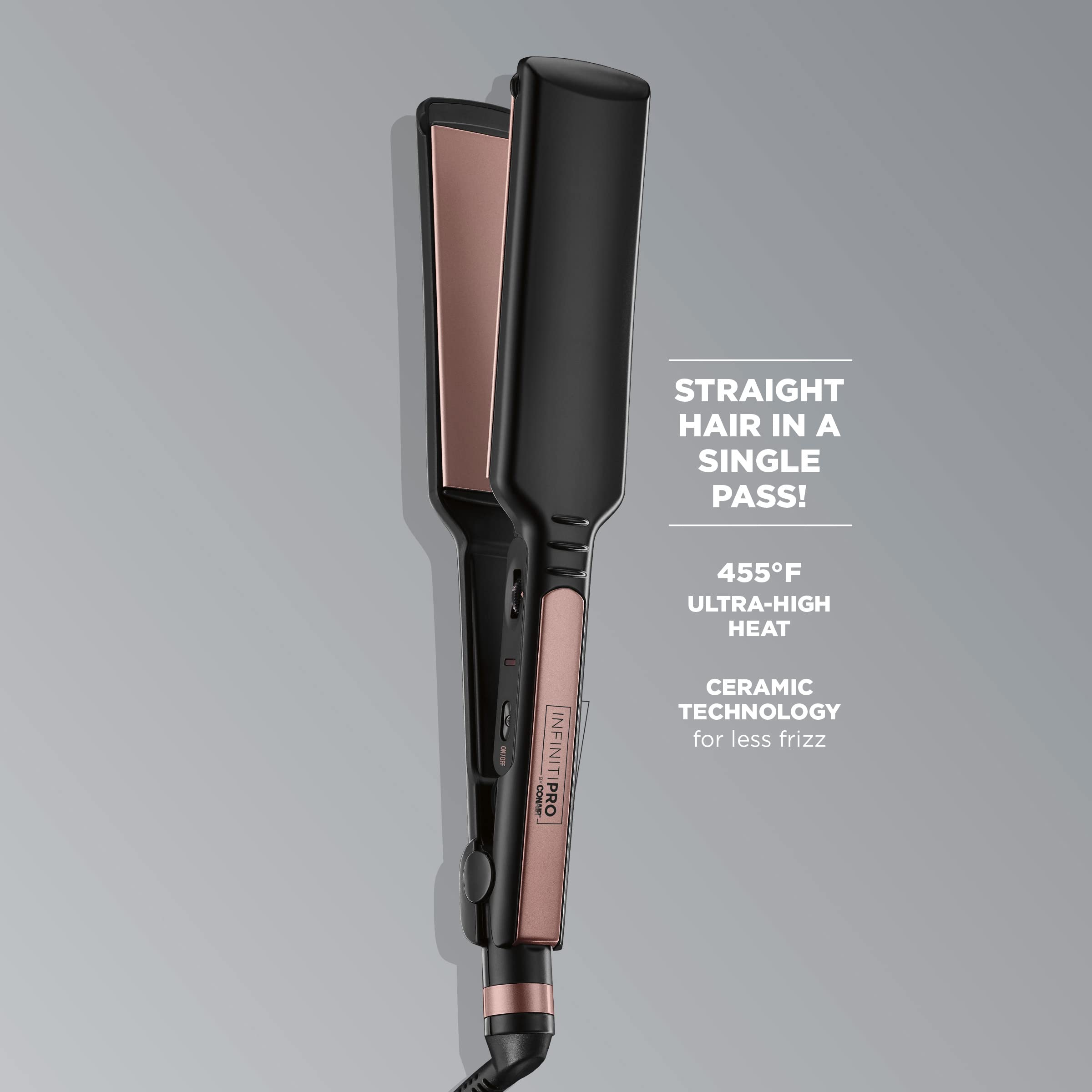 INFINITIPRO by CONAIR Rose Gold Ceramic Flat Iron heat settings dial emphasizes versatile styling options