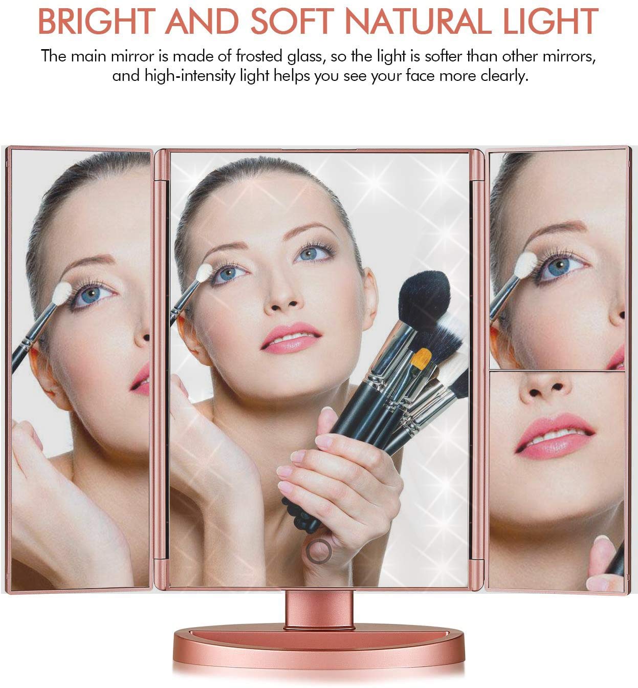 Infitrans trifold mirror displays 1x 2x 3x magnifications for detailed grooming.