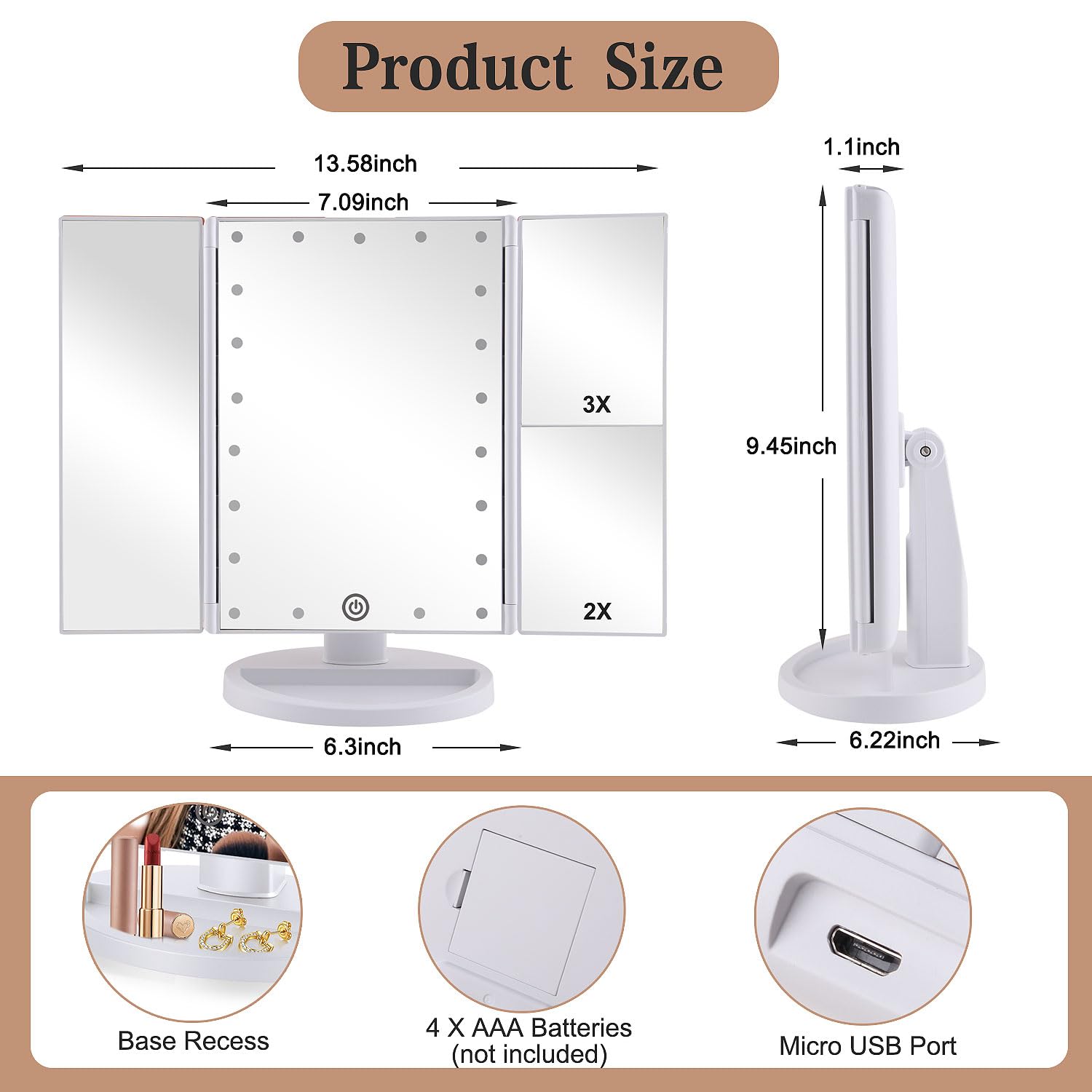 Infitrans trifold mirror 1X center view aids everyday makeup accuracy