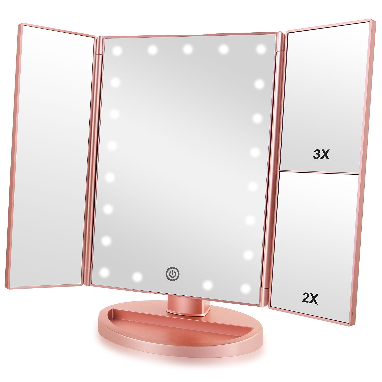 Infitrans trifold makeup mirror front view with bright LEDs for precise daily makeup application.