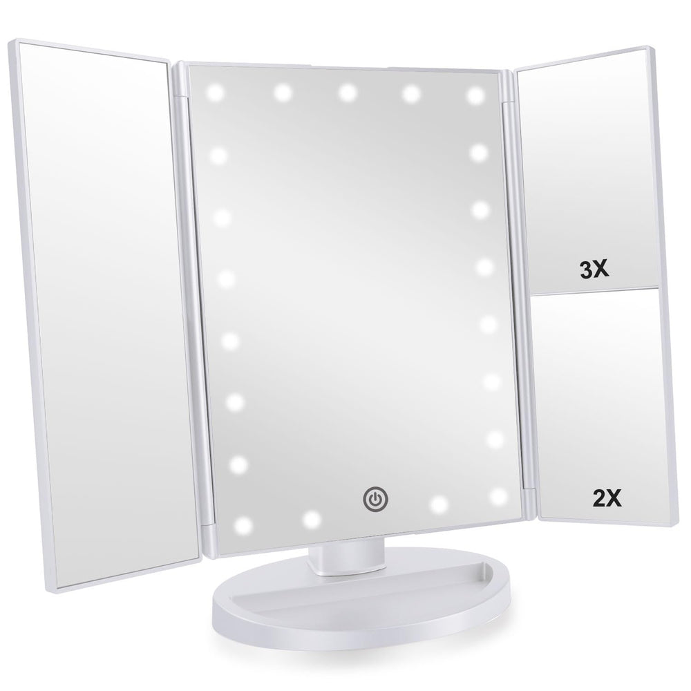 Infitrans trifold makeup mirror with lights provides even illumination for flawless prep