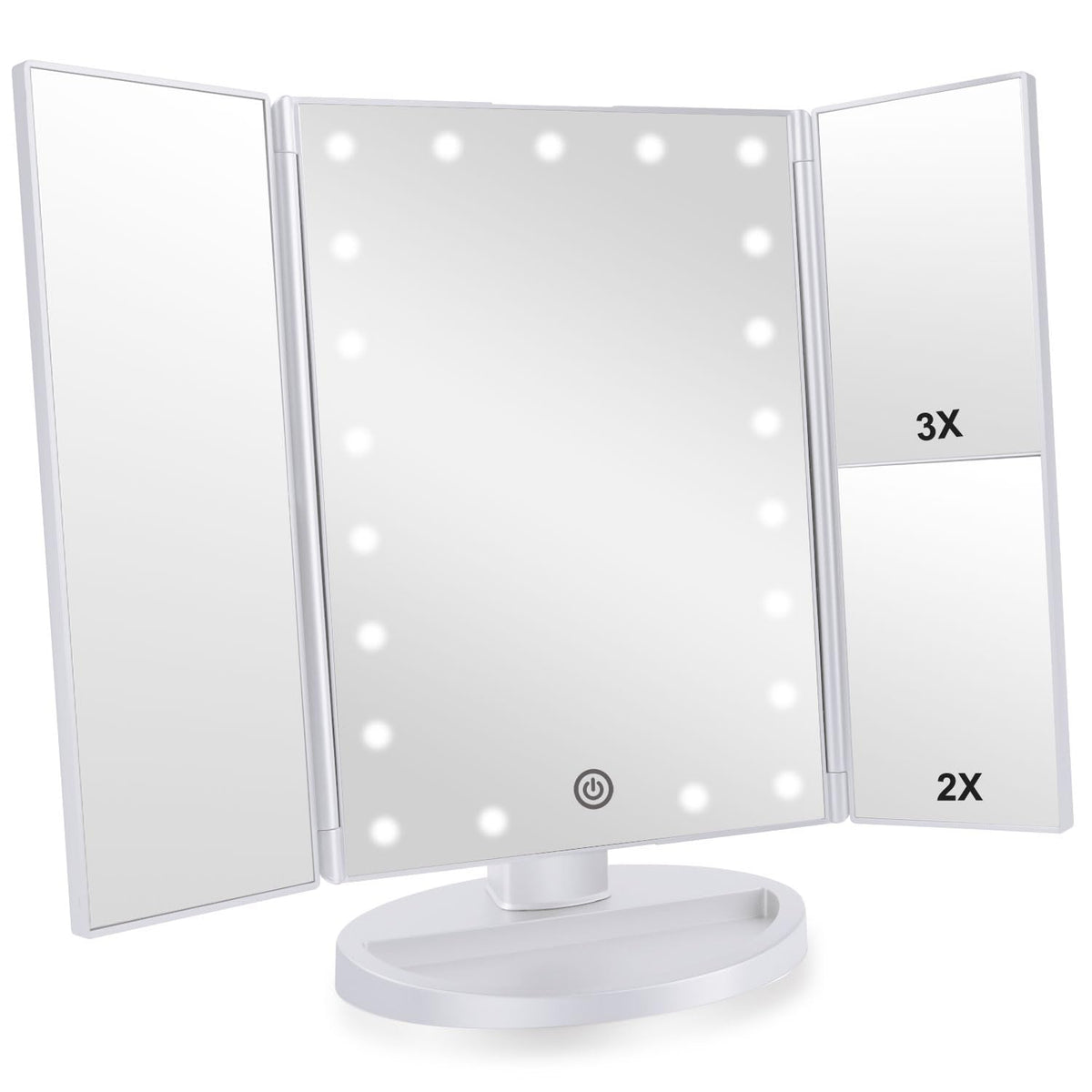 Infitrans trifold makeup mirror with lights provides even illumination for flawless prep