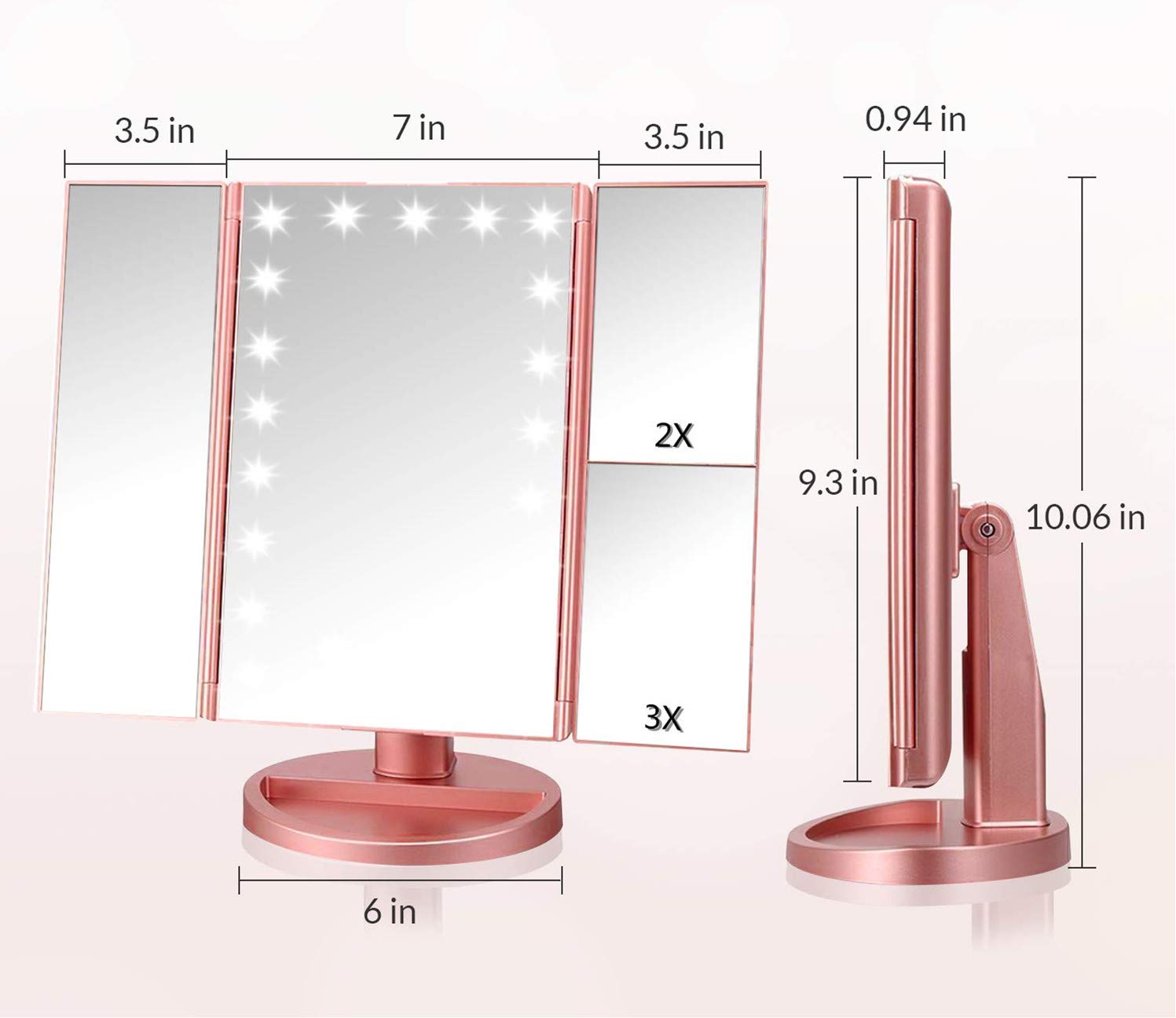 Infitrans makeup mirror lit panel showing adjustable lighting for dim bathrooms.