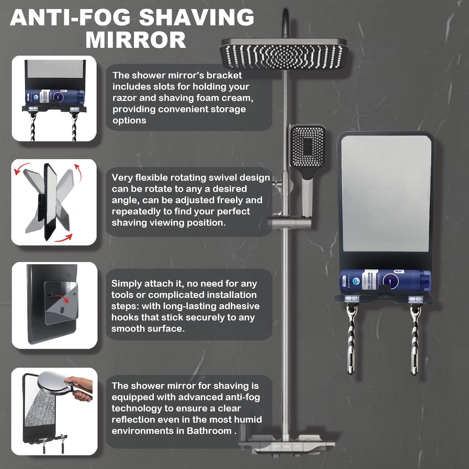 Infitrans adjustable-angle fogless mirror tilts smoothly for comfortable grooming