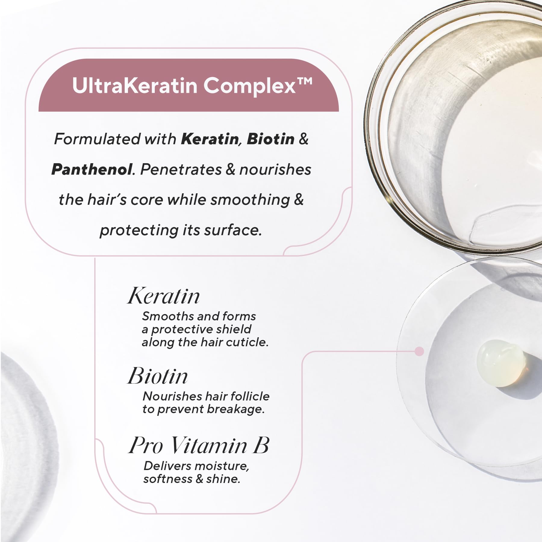 Infusion K biotin panthenol hair care benefits closeup for moisture and shine