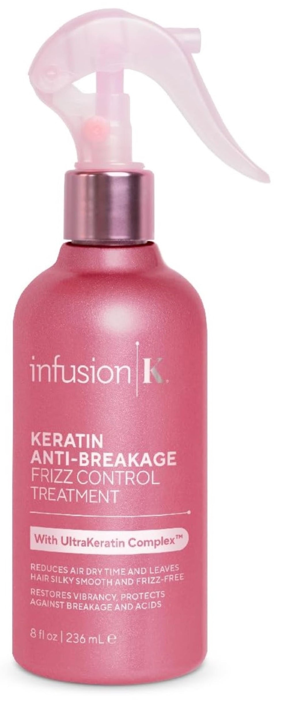 Infusion K Keratin anti-breakage bottle pour demonstrates easy application and frizz control