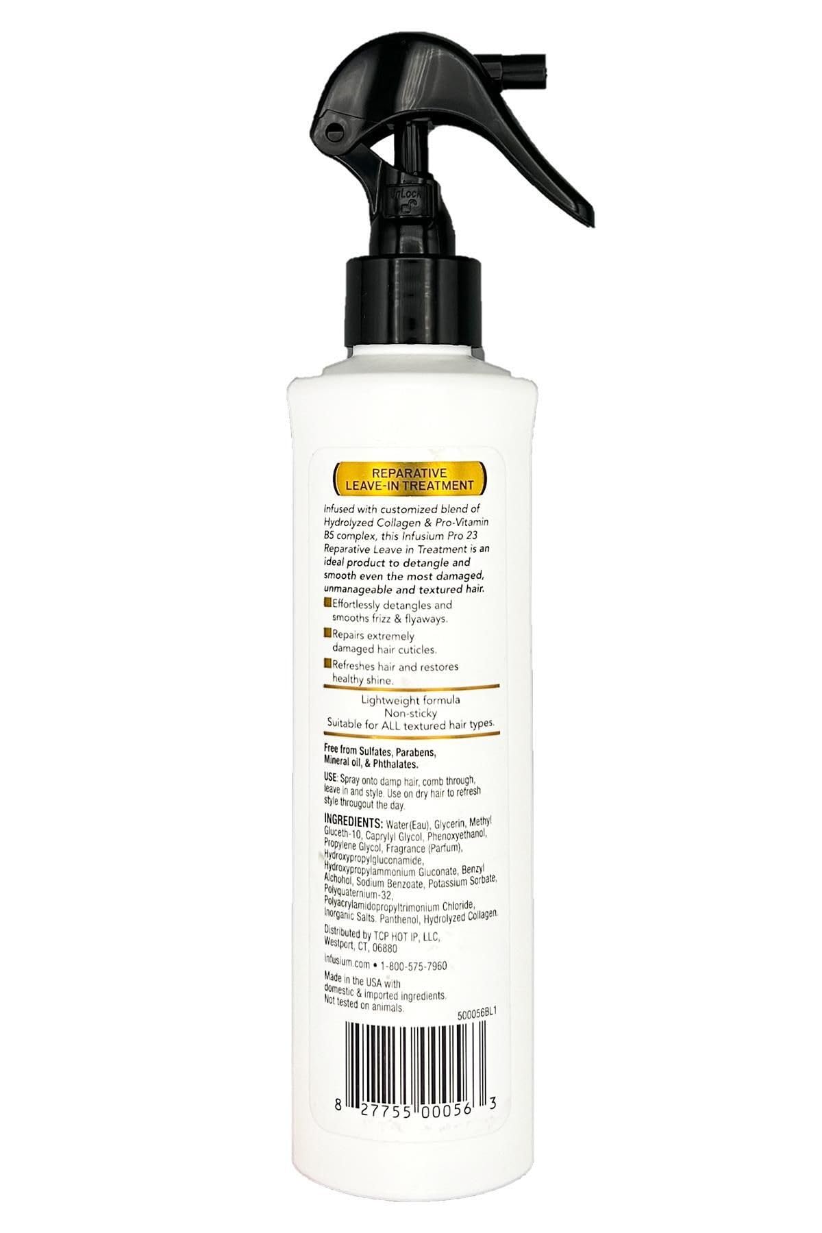 Infusium 23 Reparative Leave-In application pump showing easy application and shine enhancement.