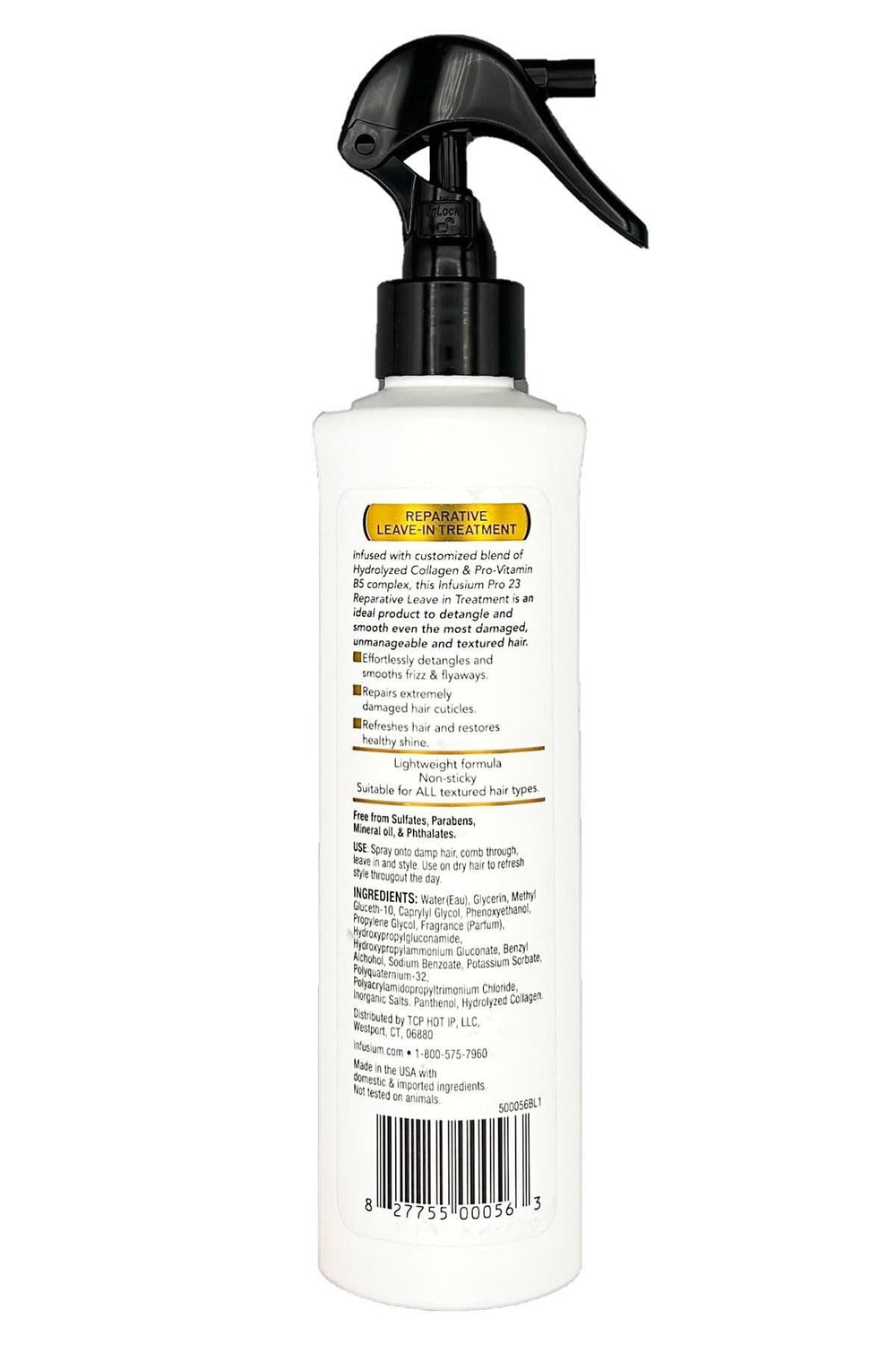 Infusium 23 Reparative Leave-In application pump showing easy application and shine enhancement.