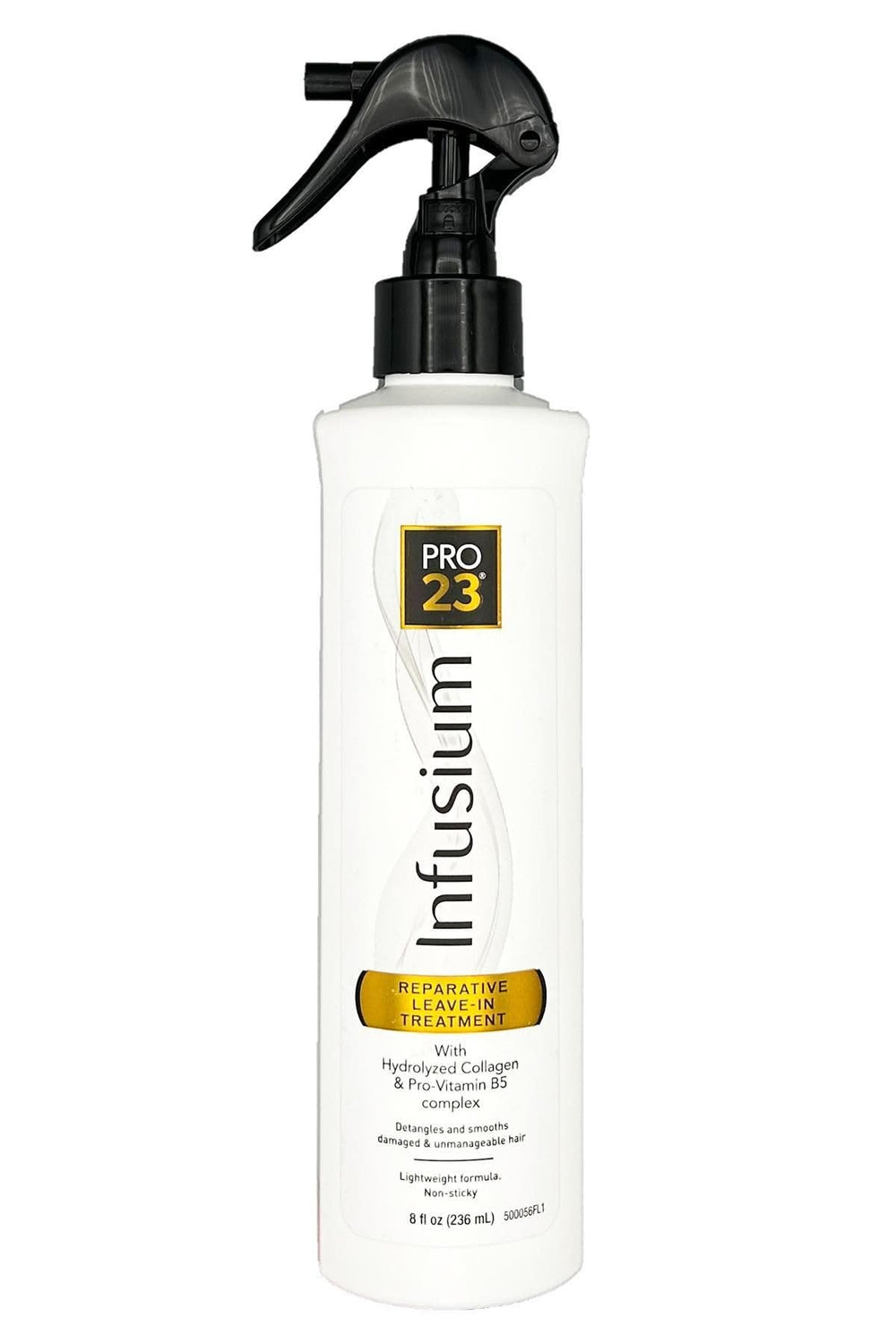 Infusium 23 Reparative Leave-In bottle demonstrating lightweight, fast-absorbing formula for damaged hair management.