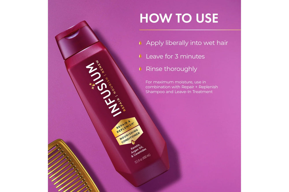 Infusium hair moisture boost closeup suggesting smoother, more manageable hair