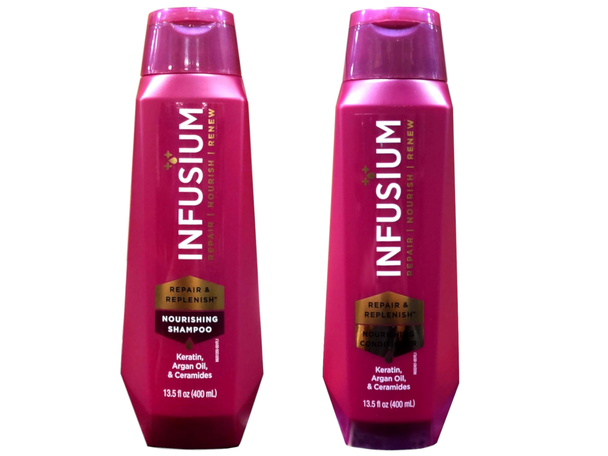 Infusium Moisturize & Replenish shampoo bottle pour showing moisture delivery for daily care