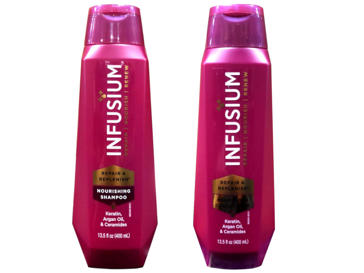 Infusium Moisturize & Replenish shampoo bottle pour showing moisture delivery for daily care