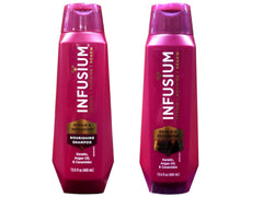 Infusium Moisturize & Replenish shampoo bottle pour showing moisture delivery for daily care