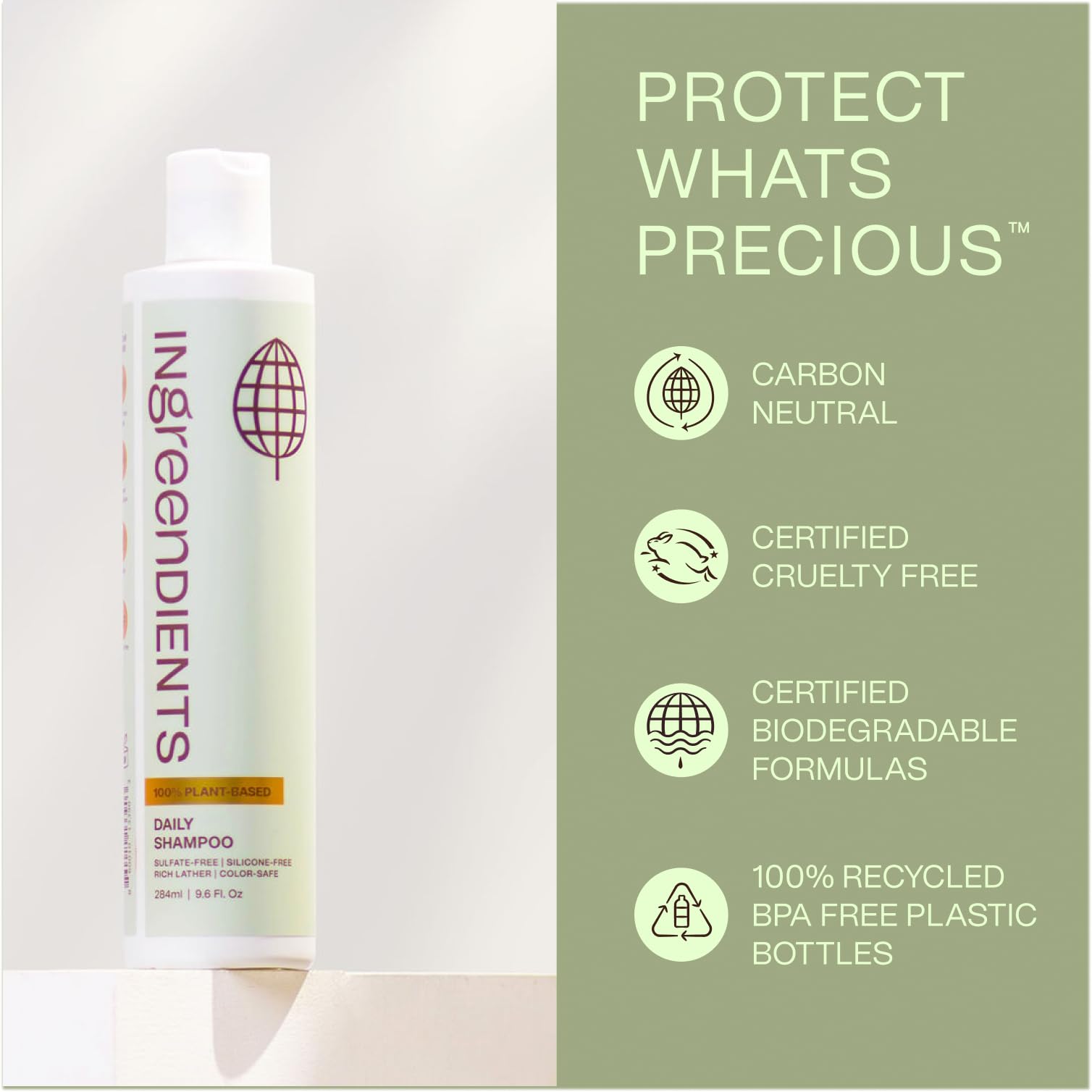 Ingreendients bottle with recycling icon demonstrates biodegradable formula.