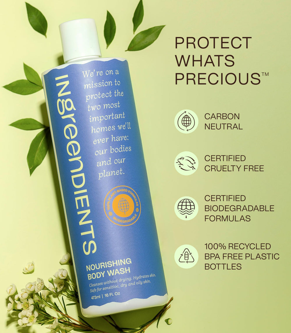Ingreendients bottle with recycling symbol emphasizes sustainable packaging.