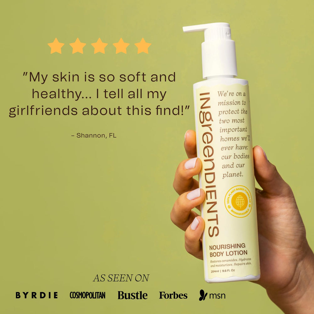 Ingreendients California-made lotion packaged in recycled plastic.