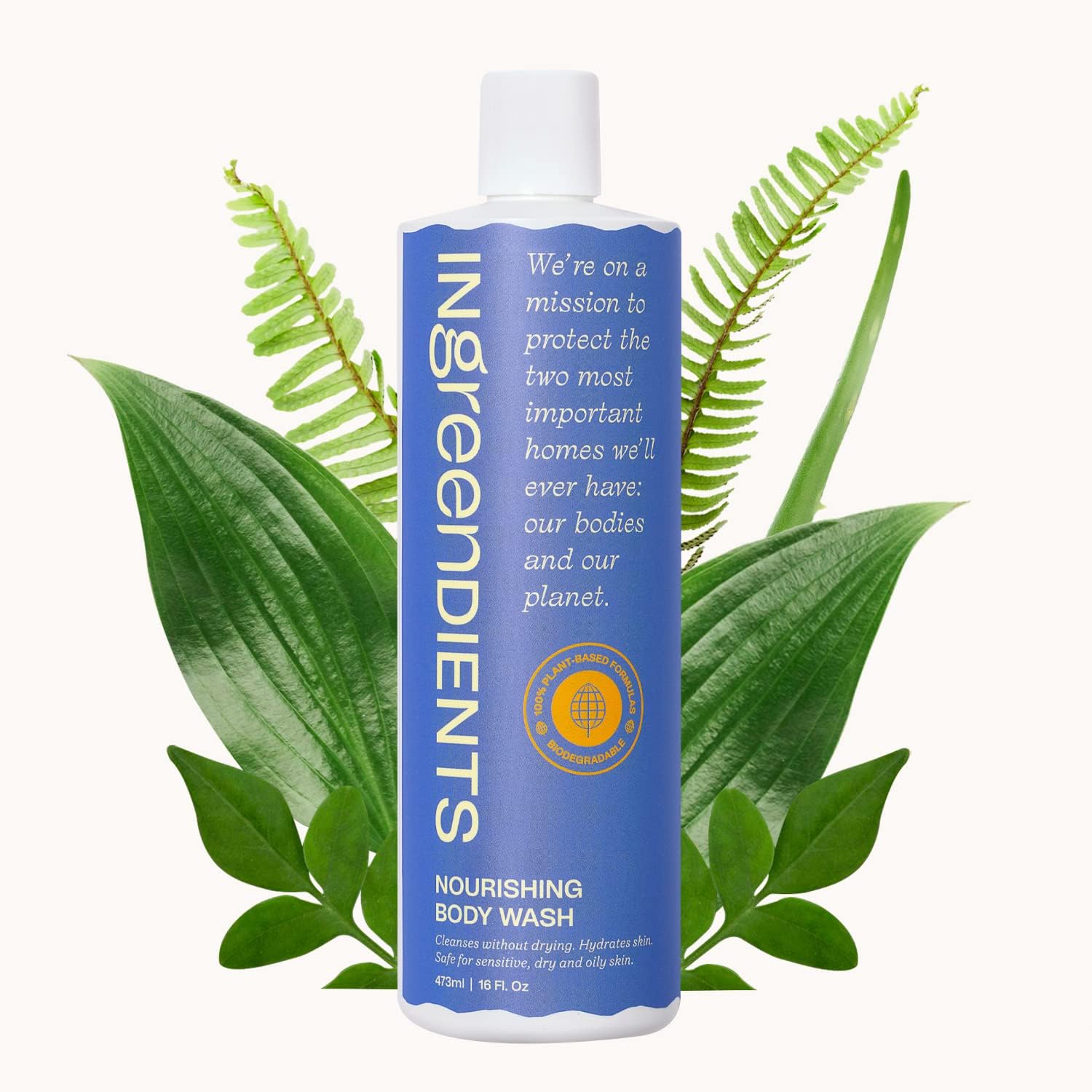 Ingreendients moisturizing body wash bottle shows plant-based hydration for sensitive skin.