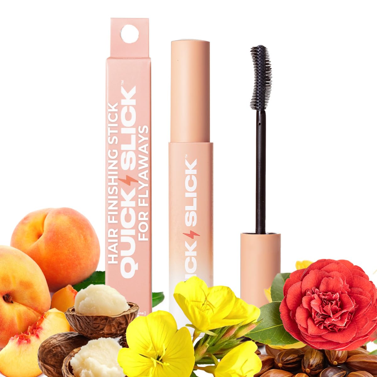 INH Hair Mascara for Flyaways application close-up, smoothing frizz and keeping strands in place.
