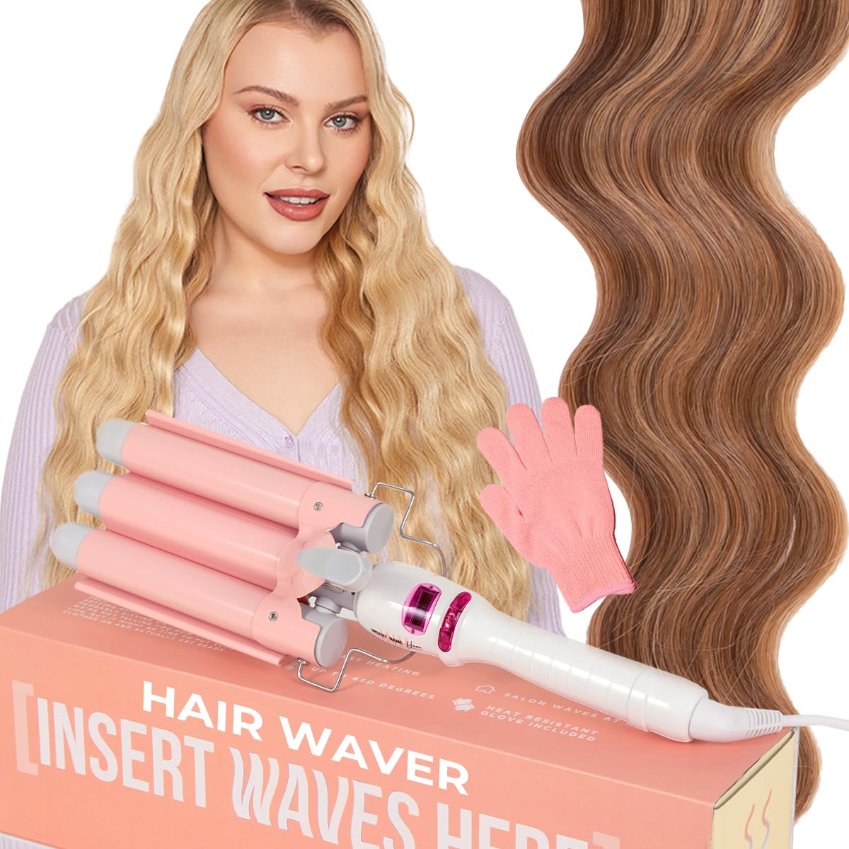 INH Hair Waver 3-Barrel close-up shows even heat glow for lasting waves.
