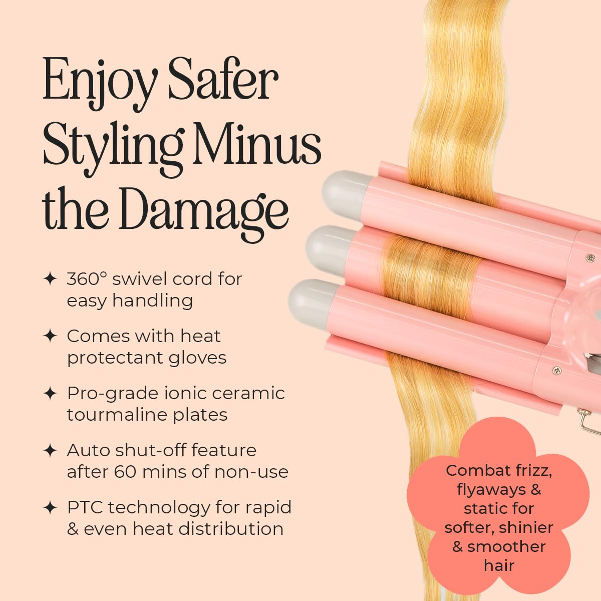 INH Hair Waver ceramic tourmaline barrels protect hair and seal moisture.