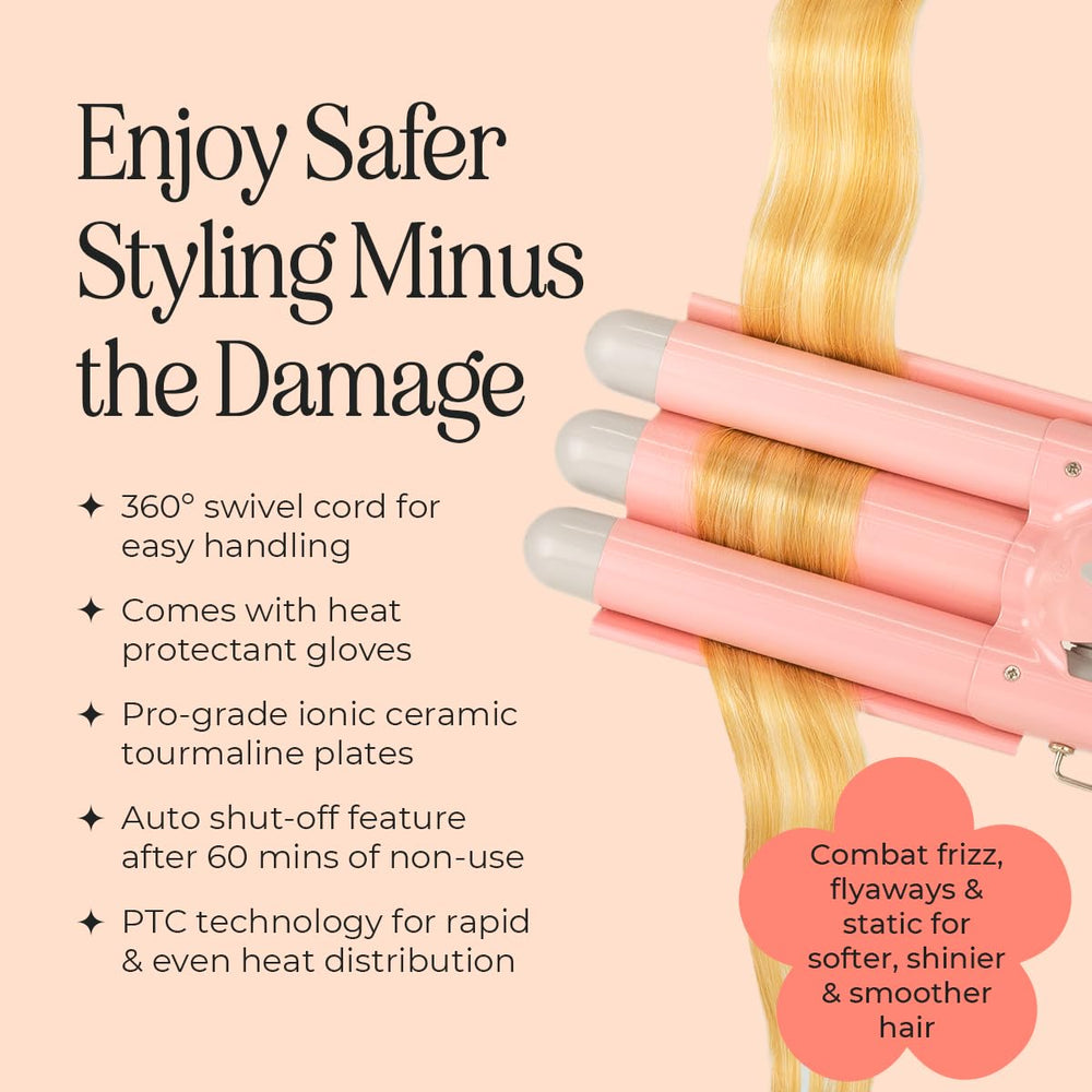 INH Hair Waver ceramic tourmaline barrels protect hair and seal moisture.