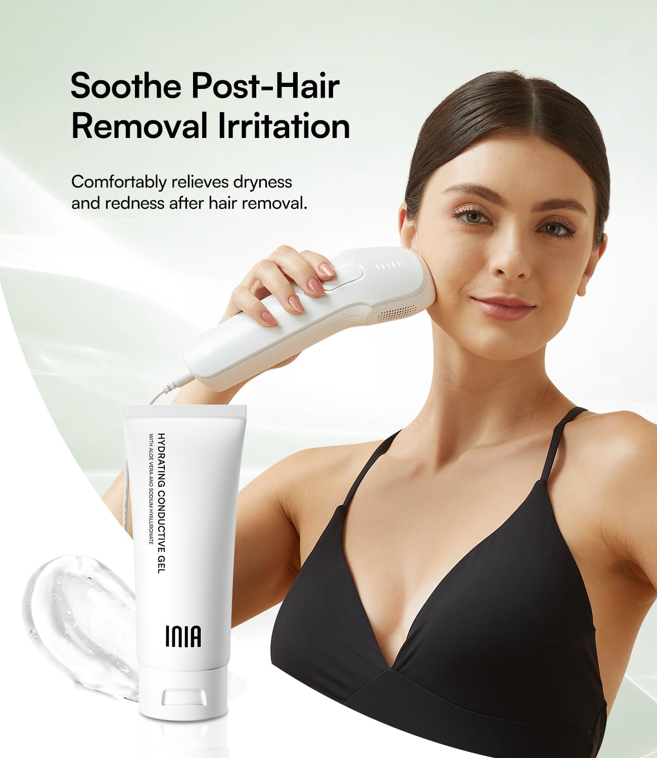 INIA conductive gel with hyaluronic acid for lasting moisture.