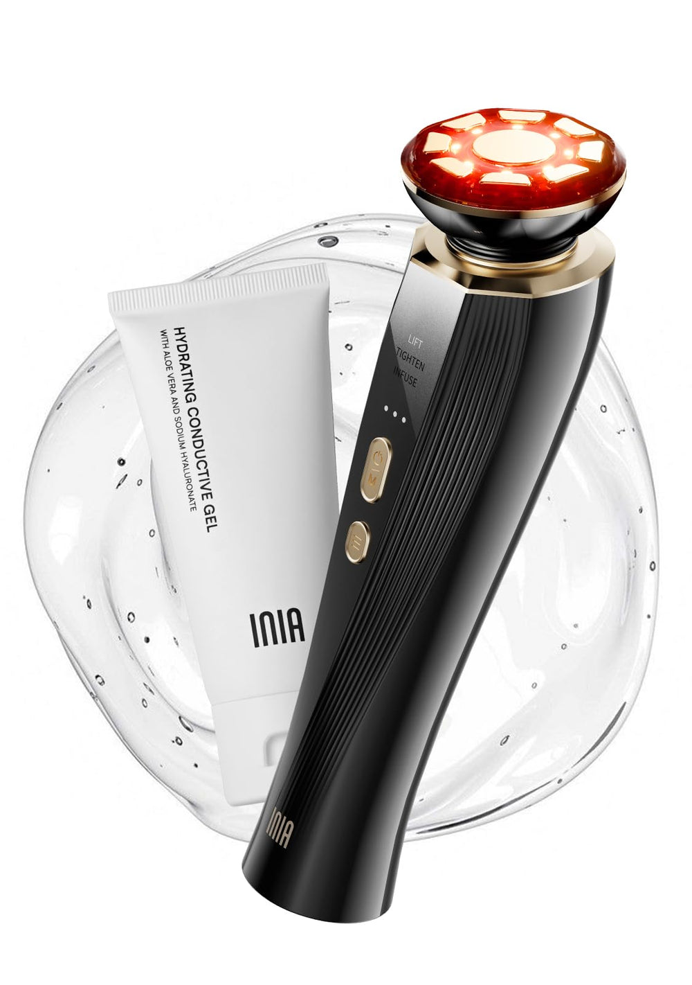 INIA Flare 3-in-1 device front view for at-home facial rejuvenation routine.