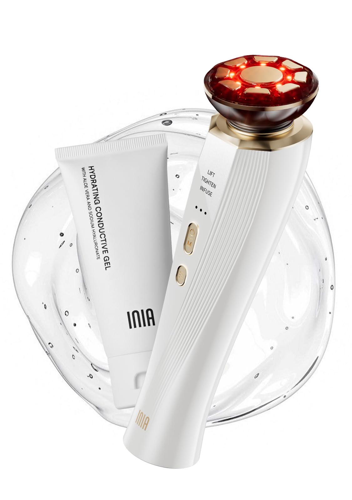 INIA Flare device front view shows a sleek white body for daily skincare regimen