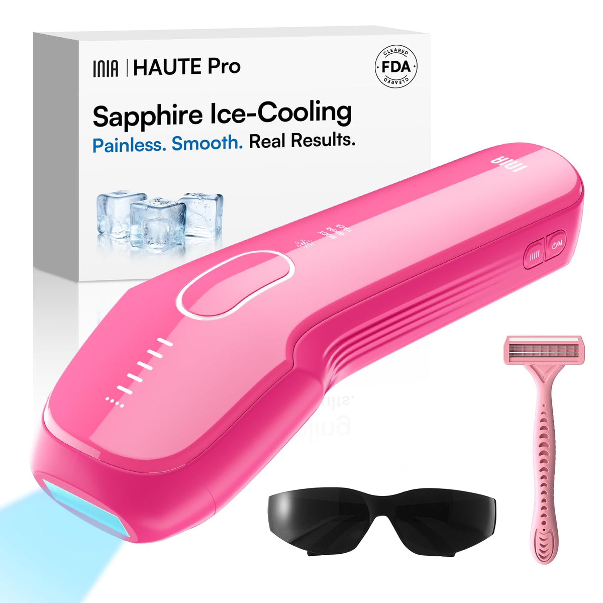 INIA HAUTE Pro shows ice-cooling for painless at-home hair removal.