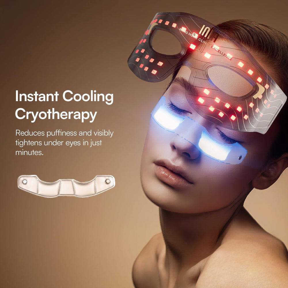 INIA red-light eye mask packaging shows easy home use